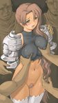  armor arms_behind_back blue_eyes bottomless breasts brown_hair groping imminent_rape ishida_masayuki knight large_breasts long_hair molestation multiple_boys open_mouth pubic_hair pussy_juice restrained sweat warrior 