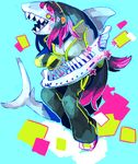  fish green_eyes hair headphones lapfox marine mayhem_(renard) musical_instrument open_mouth piano purple_hair shark solo teeth what yolk_(artist) yolk_(artists) 