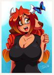 amber_eyes anahi arthropod big_breasts blush bovine braids breasts brown_skin butterfly cattle cleavage clothed clothing eyewear female glasses hair horn insect long_hair looking_up mammal open_mouth outside red_hair sky smile solo spots standing tiger1001 tight_clothing 