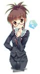  akizuki_ritsuko antenna_hair blush brown_eyes brown_hair ech folded_ponytail formal glasses idolmaster idolmaster_(classic) idolmaster_2 office_lady pant_suit short_hair solo suit thigh_gap 