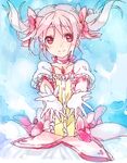  blush gloves kaname_madoka kirisawa_saki looking_at_viewer magical_girl mahou_shoujo_madoka_magica outstretched_arms pink_eyes pink_hair smile solo 