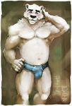  bear belly biceps black_nose blue_eyes blush bulge clothed clothing fur half-dressed looking_at_viewer male mammal muscles pecs pockyrumz polar_bear ralo smile topless underwear white_fur 