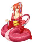  breasts cleavage fangs flower flying_sweatdrops hair_flower hair_ornament japanese_clothes kimono lamia large_breasts long_hair looking_at_viewer miia_(monster_musume) monster_girl monster_musume_no_iru_nichijou official_art okayado open_clothes open_mouth pointy_ears ponytail simple_background slit_pupils solo white_background yellow_eyes 