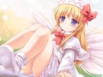  blonde_hair blue_eyes blush bow capelet dress fairy_wings hat hat_bow highres lily_white long_hair long_sleeves lzh panties sitting solo sweat touhou underwear upskirt white_dress white_panties wings 