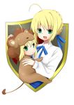  ahoge animal_costume artoria_pendragon_(all) blonde_hair fate/stay_night fate/tiger_colosseum fate_(series) green_eyes hair_ribbon holding multiple_girls ribbon rubii saber saber_lion smile tail 