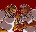  anthro bear biceps big_muscles body_markings brown_fur clothed clothing duo eye_contact feline fur gay male mammal markings muscles simple_background stan tiger 
