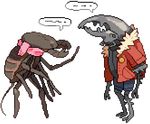  ambiguous_gender arthropod brown_skin clothing dialog fur_trim grey_skin hercules_beetle insect insects jacket multi_limb multiple_legs open_shirt plain_background scarf shirt shorts smiley_face speech_bubbles text transparency transparent_background unknown_species vinegaroon yolk_(artist) yolk_(artists) 