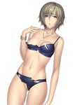  1girl absurdres aya_brea bare_shoulders blonde_hair blue_bra blue_eyes blue_panties bra bracelet breasts erect_nipples female highres jewelry kansuke lingerie mound_of_venus navel necklace nipples panties parasite_eve_the_3rd_birthday short_hair simple_background solo standing torn_clothes underwear underwear_only white_background 