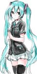  aqua_eyes aqua_hair blush employee_uniform familymart hatsune_miku kirisawa_saki long_hair simple_background smile solo thighhighs twintails uniform very_long_hair vocaloid white_background 