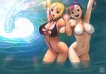  armpits arms_up bikini blonde_hair blue_eyes breasts brown_eyes brown_hair cleavage fang large_breasts lens_flare multiple_girls navel open_mouth original partially_submerged pointy_ears shiny shiny_skin short_hair side_ponytail slingshot_swimsuit smile swimsuit waves yasumori_zen 