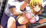  1girl 2boys artist_request blonde_hair blush bra faceless faceless_male fat fat_man green_eyes gym_uniform highres hoshii_miki idolmaster lekuo_(yellow13) long_hair multiple_boys underwear yellowquokka 