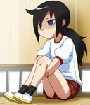  bags_under_eyes black_hair blue_eyes frown full_body goriate gym_uniform kuroki_tomoko leg_hug long_hair ponytail shaded_face shoes shorts sitting socks solo watashi_ga_motenai_no_wa_dou_kangaetemo_omaera_ga_warui! 