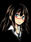  bespectacled black_background blue_eyes blush brown_hair earrings glasses head_tilt idolmaster idolmaster_cinderella_girls jewelry long_hair looking_at_viewer necklace necktie parted_lips red-framed_eyewear semi-rimless_eyewear shibuya_rin simple_background solo tom_(drpow) under-rim_eyewear 