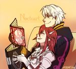  1girl ^_^ armor book chair cloak closed_eyes couple eyes_closed fire_emblem fire_emblem:_kakusei gloves heart husband_and_wife long_hair look_up lovers my_unit my_unit_(fire_emblem:_kakusei) nintendo noctuart pillow red_eyes red_hair short_hair silver_hair simple_background smile tiamo very_long_hair watermark white_hair winged_ornament 