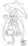  animal_themed_umbrella blazblue chibi dress eu03 frills frog george_xiii gii gothic_lolita greyscale hair_ribbon lineart lolita_fashion long_hair monochrome nago platform_footwear platform_heels rachel_alucard ribbon solo twintails umbrella very_long_hair 