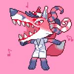  barking black_hair black_nose canine chibi clothing crossdressing epilepsy_warning facial_hair fox fur goatee hair lapfox mammal music musical_note notes open_mouth pink_fur pixel_art red_eyes renard_(character) renard_queenston teeth white_fur wolf yolk_(artist) 