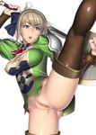  1girl absurdres alternate_costume areola_slip areolae blonde_hair bottomless breasts cassandra_alexandra censored green_eyes highres kansuke leg_up looking_at_viewer no_panties open_mouth pussy shield short_hair simple_background solo soul_calibur soulcalibur_ii standing sword weapon white_background 