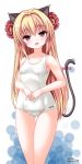  :d animal_ears bangs bare_arms bare_shoulders blonde_hair blush bow breasts cat_ears cat_girl cat_tail collarbone commentary_request copyright_request eyebrows_visible_through_hair fang flower gluteal_fold hair_between_eyes hair_flower hair_ornament head_tilt highres kaze_makase long_hair looking_at_viewer old_school_swimsuit open_mouth own_hands_together pink_bow red_eyes red_flower school_swimsuit sidelocks signature small_breasts smile solo swimsuit tail tail_bow thigh_gap very_long_hair virtual_youtuber white_background white_school_swimsuit white_swimsuit 