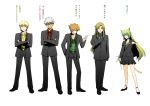  1girl 4boys archer atalanta_(fate) bespectacled blonde_hair brown_hair chiron_(fate) crossed_arms dango fate/apocrypha fate/extra fate/stay_night fate/zero fate_(series) food formal gilgamesh glasses green_hair multiple_boys necktie one_eye_closed petite robin_hood_(fate) scarf shimaneko skirt_suit suit wagashi white_hair 