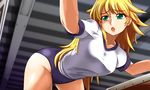  1girl artist_request blonde_hair female green_eyes gym_uniform highres hoshii_miki idolmaster lekuo_(yellow13) long_hair solo yellowquokka 