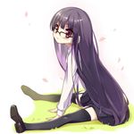  arm_support black_hair black_legwear garter_straps glasses hidebuu inu_x_boku_ss leaning_forward long_hair purple_eyes shirakiin_ririchiyo shoes single_shoe sitting solo thighhighs v_arms very_long_hair 