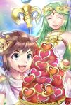  1girl :d azumi_(tks-sd) bare_shoulders blue_eyes brown_hair closed_eyes dated ears green_hair heart kid_icarus kid_icarus_uprising lips long_hair open_mouth palutena pit_(kid_icarus) scepter signature smile tiara very_long_hair 
