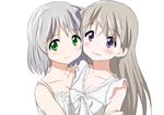  ame. blonde_hair blush breasts cheek-to-cheek cleavage eila_ilmatar_juutilainen green_eyes hug long_hair multiple_girls nightgown purple_eyes sanya_v_litvyak short_hair silver_hair simple_background small_breasts smile strike_witches white_background world_witches_series 