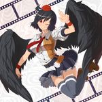  ahoge belt black_hair black_wings film_strip grin hat looking_at_viewer mizuke_no_nai_tofu nail_polish necktie one_eye_closed pointy_ears red_eyes shameimaru_aya skirt smile solo thighhighs tokin_hat touhou wings wristband zettai_ryouiki 