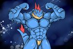  abs alligator anthro beefcake biceps big_muscles blue blue_skin bodybuilder claws clothed clothing fangs feraligatr flexing half-dressed male muscles nintendo pecs plain_background pok&#233;mon pok&#233;morph pok&eacute;mon pose reptile scales scalie solo standing topless vein veins video_games waddledox yellow_eyes 