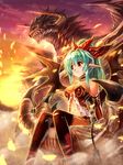  artist_request blue_hair claws dragon edobox holding horns monster monster_girl original pointy_ears red_eyes scales smile wings 