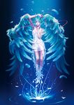  air_bubble arm_up bad_id bad_pixiv_id bangs bare_arms blue blue_background blue_eyes blue_hair bubble covered_navel dissolving feathers full_body gradient gradient_background hair_ribbon hair_wings hand_on_own_cheek hatsune_miku highres holding long_hair looking_at_viewer navel ribbon sae_(revirth) see-through see-through_silhouette sleeveless solo submerged twintails underwater very_long_hair vocaloid wings 