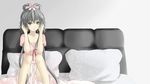  bed green_eyes grey_hair highres long_hair luo_tianyi solo vocaloid vocanese yanyan 