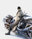  1girl absurdres bicycle blonde_hair boots facial_hair final_fantasy final_fantasy_xiii gloves highres looking_back male male_focus motor_vehicle motorcycle nix official_art shiva_(final_fantasy) shiva_sisters sitting snow_villiers solo stiria stubble tattoo trench_coat vehicle 
