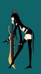  alu black_gold_saw black_hair black_rock_shooter green_background horns king_saw long_hair solo sword thighhighs weapon 