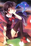  arm_support asymmetrical_wings black_dress black_hair black_legwear bow cloud dress high_heels houjuu_nue kohaku. looking_at_viewer red_eyes red_footwear shoes short_sleeves smile snake solo star_(sky) thighhighs touhou ufo wings zettai_ryouiki 