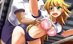  1boy 1girl artist_request blonde_hair blush bra faceless faceless_male green_eyes gym_uniform highres hoshii_miki idolmaster lekuo_(yellow13) long_hair underwear yellowquokka 