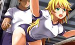  1boy 1girl artist_request blonde_hair faceless faceless_male green_eyes gym_uniform highres hoshii_miki idolmaster lekuo_(yellow13) long_hair yellowquokka 