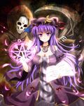  book breasts cleavage coat crescent death_(entity) dress feathers glowing grimoire hat hat_with_ears jewelry long_hair looking_at_viewer magic_circle medium_breasts necklace open_book open_clothes open_coat patchouli_knowledge pendant pentagram purple_dress purple_eyes purple_hair scythe skull striped striped_dress sumapan touhou very_long_hair wide_sleeves 