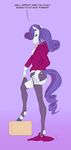  anthro anthrofied blue_eyes butt clothing cutie_mark english_text equine female friendship_is_magic garter_belt hair horn jacket legwear lingerie looking_back mammal my_little_pony panties purple_background purple_hair rarity_(mlp) siansaar skirt_down solo stockings text underwear unicorn 