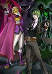  absurdres android bad_id bad_pixiv_id blazblue blonde_hair blue_eyes boots cape evil_smile formal full_body green_hair hat hat_removed hazama headwear_removed highres ignis_(blazblue) knee_boots luse_maonang mask multiple_boys necktie pants phantom_(blazblue) pink_hat purple_footwear relius_clover shoes smile suit 