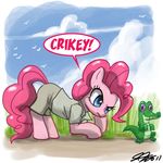  alligator clothed clothing crocodile_hunter duo english_text equine female feral friendship_is_magic fur gummy_(mlp) hair horse john_joseco mammal my_little_pony outside parody pink_fur pink_hair pinkie_pie_(mlp) pony reptile scalie sky steve_irwin text 