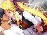  1boy 1girl blonde_hair breasts cum ejaculation eyes_closed game_cg handjob hetero kiss kyonyuu_jk_idol_seiyuu_ne_tora_re_studio large_breasts penis zion zion_(company) 