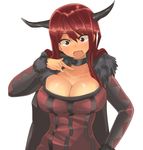  :o bad_id bad_pixiv_id breasts choker cleavage collarbone dyson_(edaokunnsaikouya) fang fur_trim hand_on_hip horns large_breasts maou_(maoyuu) maoyuu_maou_yuusha open_mouth red_eyes red_hair simple_background solo white_background 