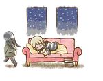  anabuki_tomoko book closed_eyes couch elma_leivonen long_hair lying mukiki multiple_girls short_hair sleeping smile thighhighs world_witches_series 