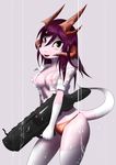  blush breasts brown_eyes cleavage clothed clothing dragon female gun hair hi_res horn long_hair looking_at_viewer mirapony nipples panties pink_background plain_background purple_hair rain ranged_weapon reptile rifle scalie shirt skimpy smile solo thighs underwear weapon wet wet_shirt 