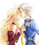  1girl bare_shoulders blonde_hair closed_eyes detached_sleeves green_eyes grey_hair imminent_kiss long_hair lottalove ludger_will_kresnik milla_maxwell necktie suspenders tales_of_(series) tales_of_xillia tales_of_xillia_2 