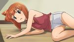  aizawa_eiko armpits brown_eyes brown_hair haruyama_kazunori looking_at_viewer panties shinryaku!_ikamusume short_hair shorts solo tank_top underwear upshorts 