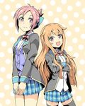  :3 :d amatsuka_mao amatsuka_megumi_(gj-bu) bow bowtie cardigan checkered crossed_arms fang folded_ponytail gj-bu hair_bow hair_flaps long_hair multiple_girls nikujiru_(nickjr) open_mouth orange_hair pink_eyes pink_hair plaid plaid_skirt school_uniform siblings sisters skirt smile 