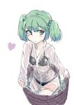  black_bra black_panties blush bra bucket green_eyes green_hair hair_bobbles hair_ornament heart in_bucket in_container japanese_clothes kimono kisume long_sleeves looking_at_viewer panties see-through sinzan solo touhou twintails underwear water wet wet_clothes wooden_bucket yukata 