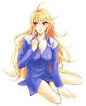  ahoge barefoot blonde_hair bottomless collarbone cosplay long_hair lottalove ludger_will_kresnik ludger_will_kresnik_(cosplay) milla_maxwell open_clothes open_shirt red_eyes shirt sitting solo tales_of_(series) tales_of_xillia tales_of_xillia_2 very_long_hair yokozuwari 